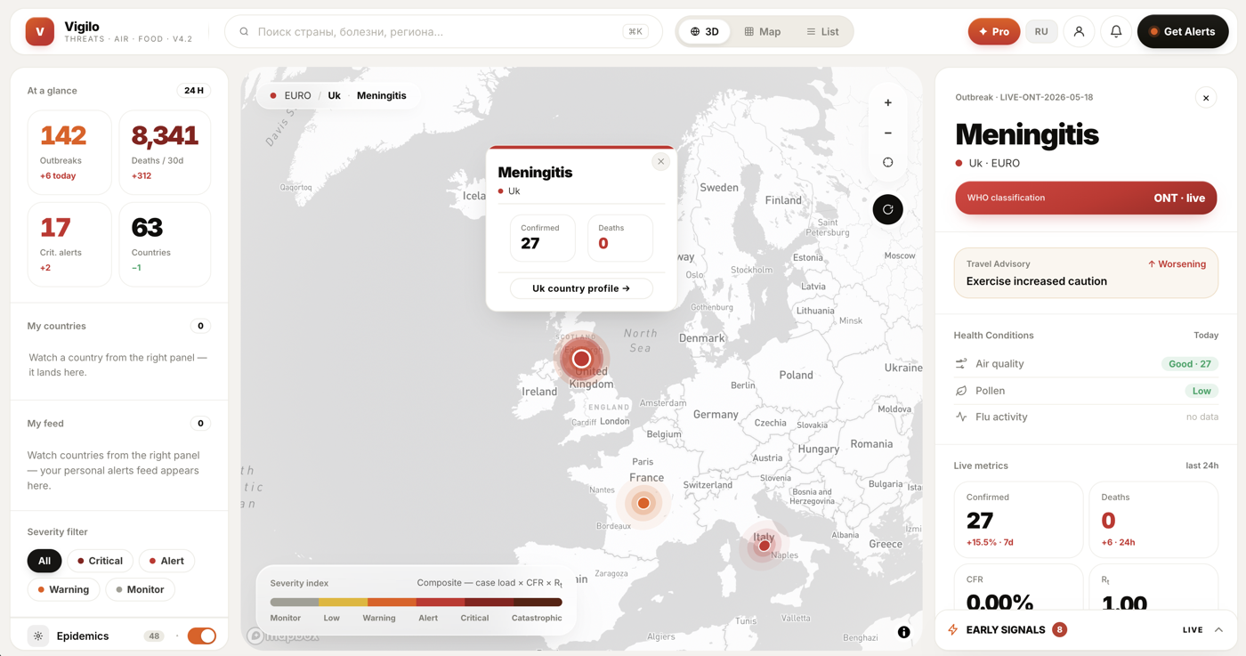 Meningitis outbreak view — Europe map with country-level event popup