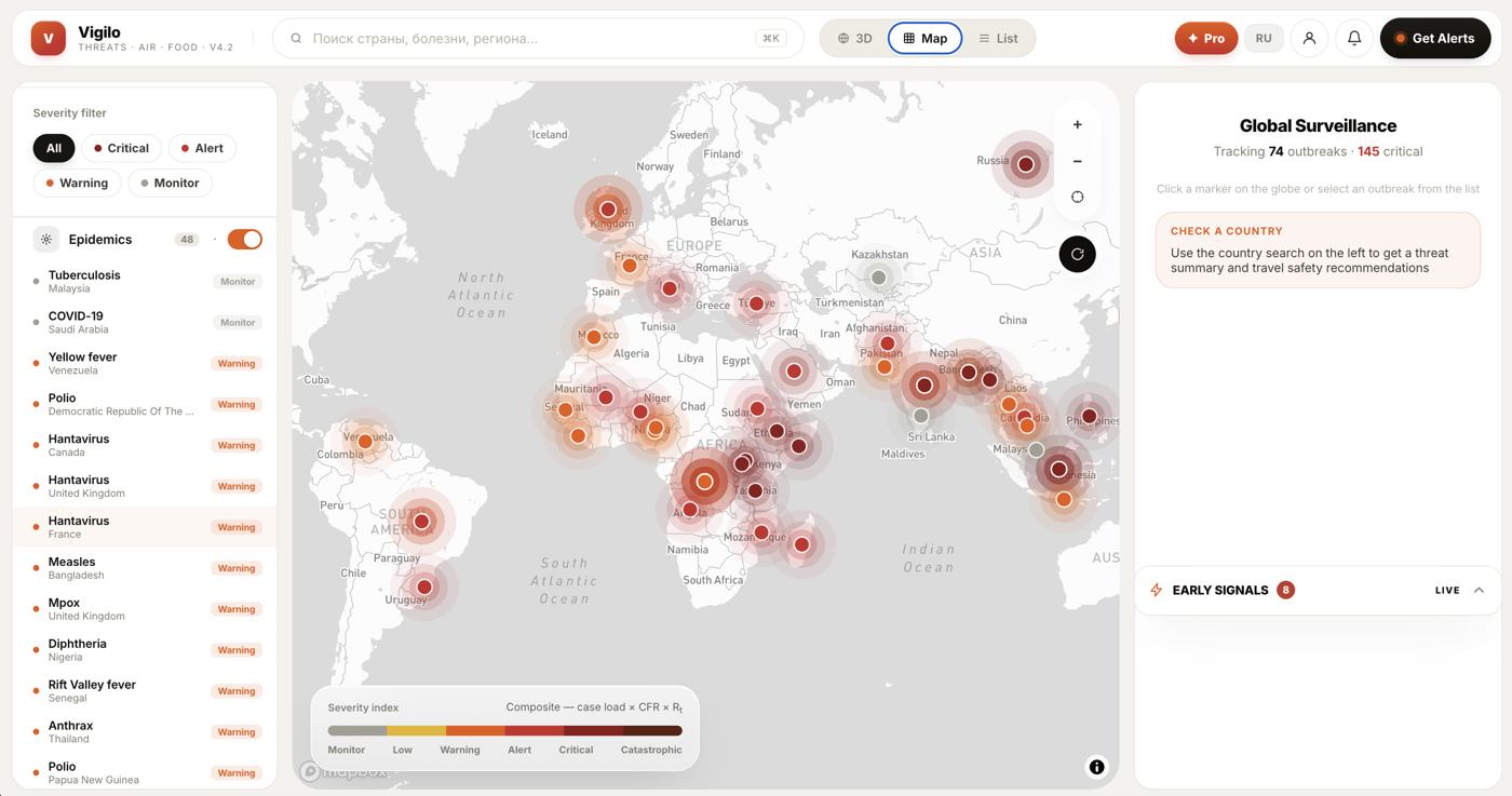 Live disease signal feed — world map with epidemic filter list